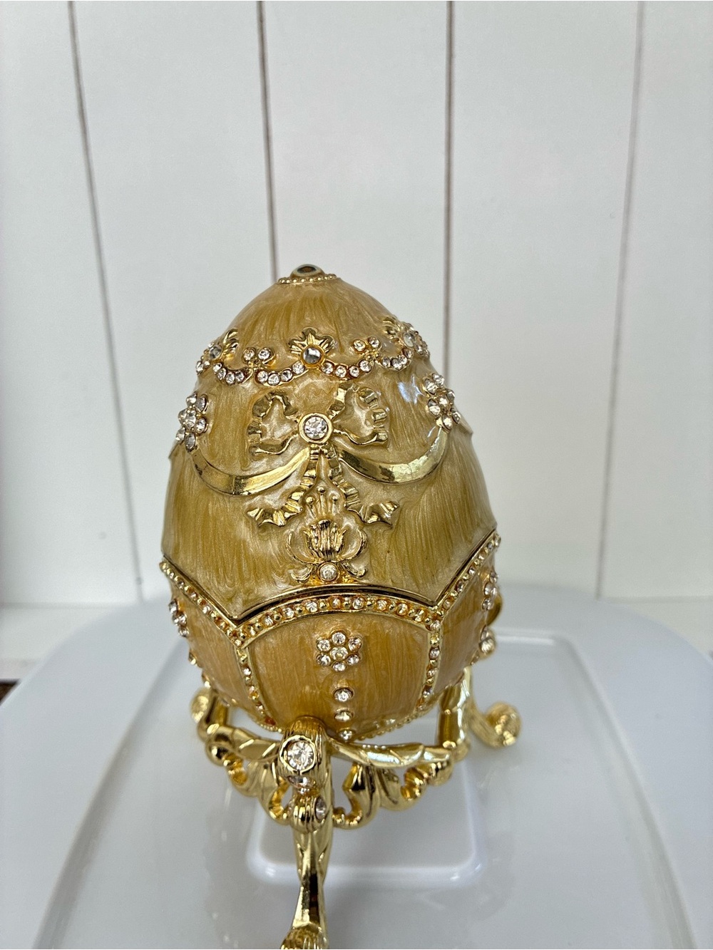 Fabergé-style Imperial enamel jeweled egg trinket box on stand